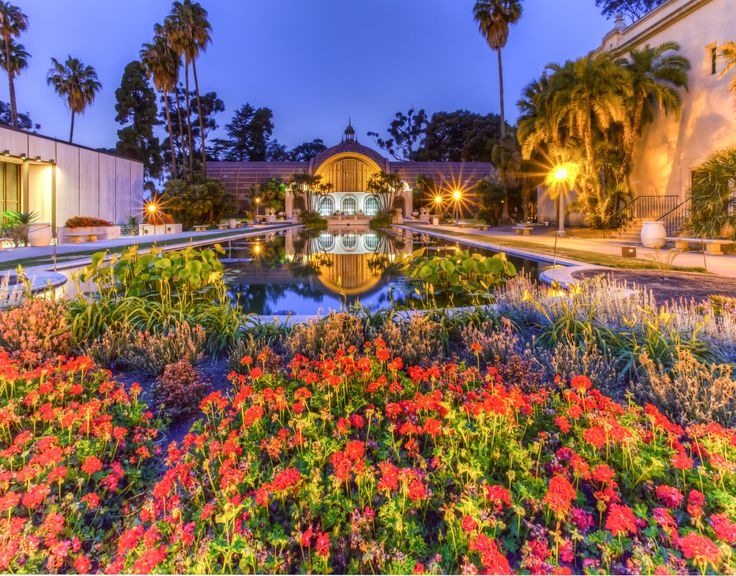 The Botanical Building and lily pond reflecting palm trees along El Prado in Balboa Park