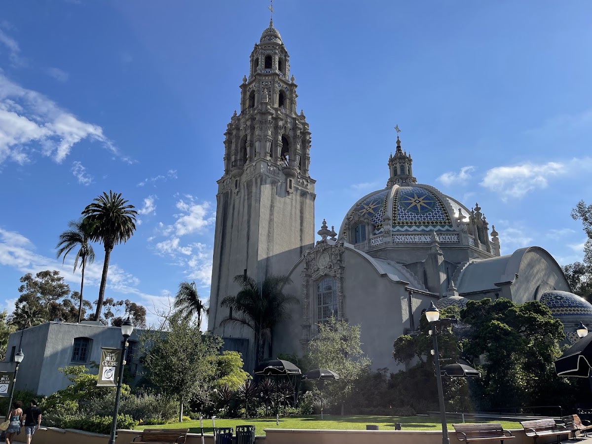 Aerial view of Balboa Park's museum row with Spanish Colonial Revival buildings along El Prado