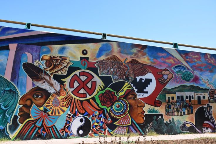 Mural-covered freeway pylons at Chicano Park in Barrio Logan, San Diego