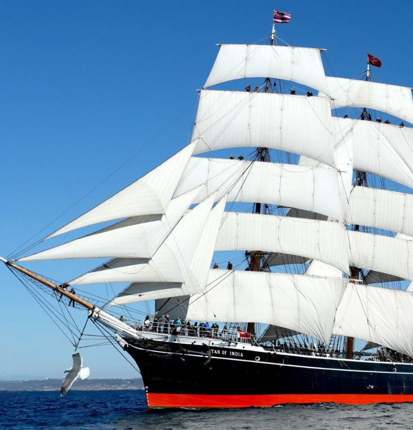 The Star of India tall ship masts against the San Diego waterfront skyline